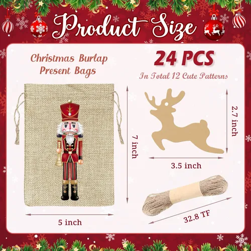 Miniatura 2 de BORAMDO Bolsas de Envolver de Lino Cascanueces de Navidad, 24 Piezas, Acuarela 12 Diseños, Pequeñas Bolsas de Dulces Golosinas para Suministros