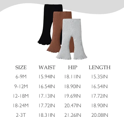 Miniatura 6 de SOBOWO Pantalones acampanados para bebé, paquete de 3 unidades para niña pequeña, color liso, acanalado, con volantes, pantalones acampanados