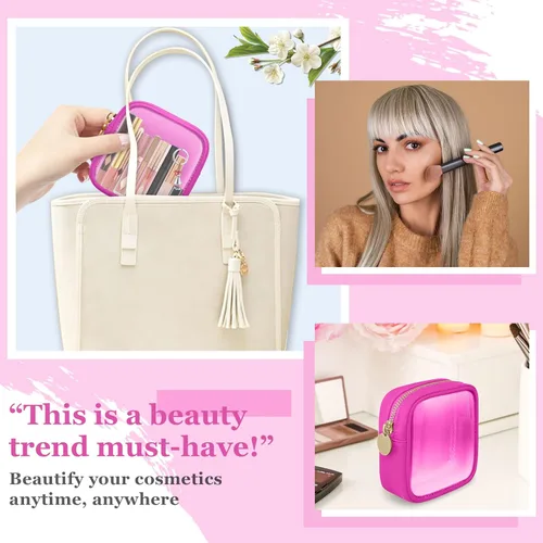 Miniatura 6 de izuzta Bolsa de Maquillaje Pequeña de Nylon, Linda Bolso Preppy, Bolsa de Cosméticos con Cremallera, Rosa fuerte, Mini 2-Rosa fuerte