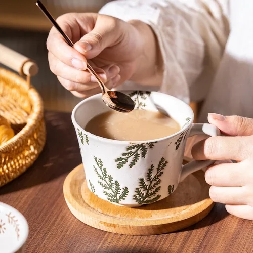 Miniatura 2 de Juego de 4 tazas de café con cuchara dorada, taza de cerámica pintada a mano de estilo antiguo de 11 onzas para hombres y mujeres, regalos únicos