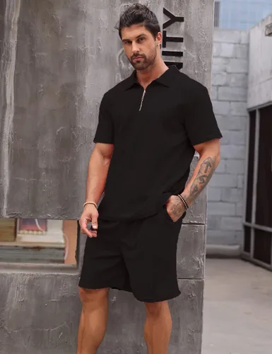 Miniatura 3 de Babioboa Conjunto de camisa polo de manga corta y pantalones cortos para hombre, conjunto de verano de dos piezas con 3 bolsillos con cremallera