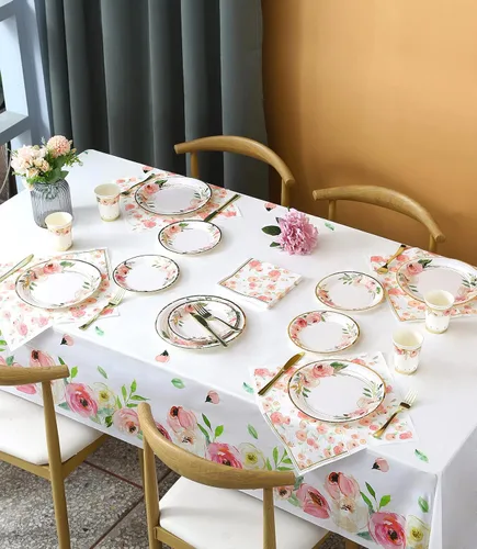 Miniatura 4 de Platos y servilletas de papel florales para fiesta - Sirve para 16 - Platos florales Tazas florales Cuchillos Tenedores Decoraciones de baby shower