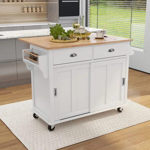 Miniatura 12 de Delicate Rolling Kitchen Island Cart with Rubber Wood Drop-Leaf Countertop and Lockable Rollers,Storage Cabinet and 2 Drawers,Sliding Barn Door