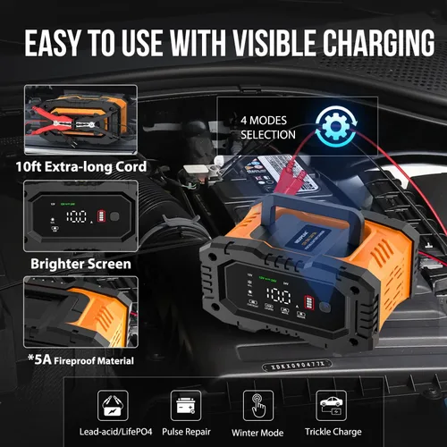 Miniatura 10 de NEXPEAK NC202 Cargador de Batería de 10 Amperios, Cargador de Batería Portátil para Automóvil de 12V 24V LiFePO4 Ácido de Plomo, Cargador por Goteo
