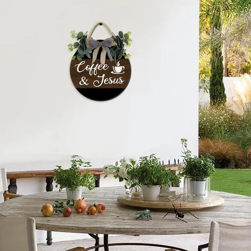 Miniatura 6 de Cartel de café y Jesús de madera rústica para cafetería, decoración de pared, decoración de pared, letrero colgante de madera para el hogar, Madera-1