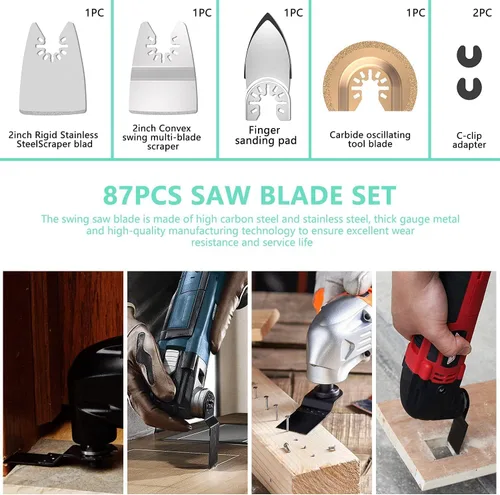Miniatura 4 de 87 cuchillas oscilantes para herramientas, multiherramienta de liberación rápida de plástico de metal de madera, accesorios con papel de lija