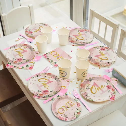 Miniatura 6 de 96 piezas de suministros para fiesta de primer cumpleaños, vajilla de un año para niñas con platos florales de cumpleaños, servilletas, vajillas