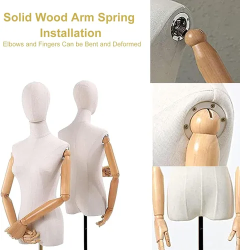 Miniatura 5 de Vestido de maniquí femenino con forma de torso, cuerpo de maniquí de exhibición con cabeza desmontable, manos de madera y soporte dorado de altura