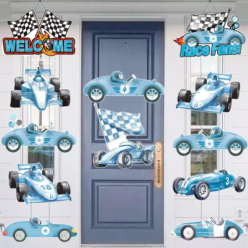 Miniatura 2 de Letrero de porche de carreras de autos de carreras, decoración de cumpleaños de carreras, autos de carreras azules, pancartas recortadas para colgar