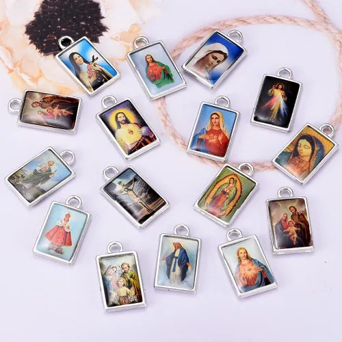 Miniatura 4 de 50 dijes rectangulares de doble cara esmaltados de Jesús con medalla milagrosa de la Virgen María, centro de rosario, cruz y cruz de maría, colgante