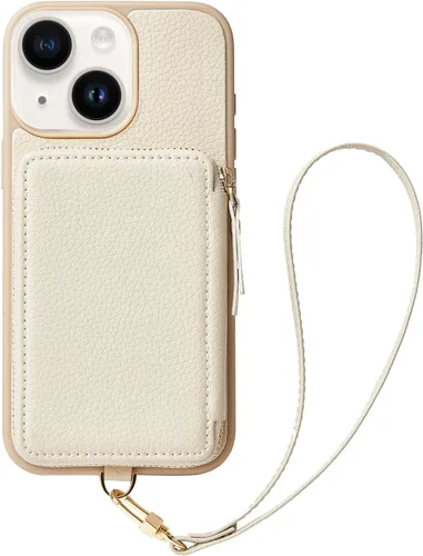 Miniatura 12 de ZVE Funda tipo cartera para iPhone 13 con pulsera, funda de cuero con cremallera con ranuras para tarjetas con bloqueo RFID tipo monedero, funda