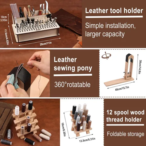 Miniatura 2 de Tikjiua 456 piezas de herramientas para trabajar el cuero con delantal y bolsa de herramientas, kit de manualidades de cuero con herramientas