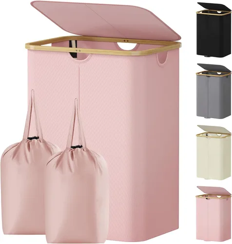 Miniatura 38 de Lifewit Cesto de Ropa Sucia Doble de 120L con Tapa, Cesto Grande Dual para Ropa Sucia con Bolsas Removibles, 2 Secciones Cestos Estéticos para Ropa