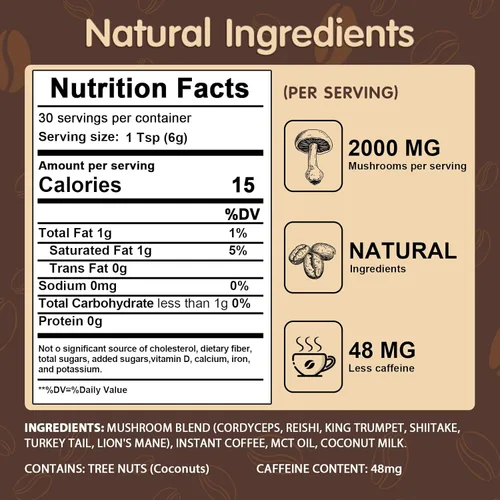 Miniatura 2 de Café de hongos, 6 hongos adaptogénicos con melena de león, cordyceps, cola de pavo y más, café instantáneo de hongos para concentración, energía