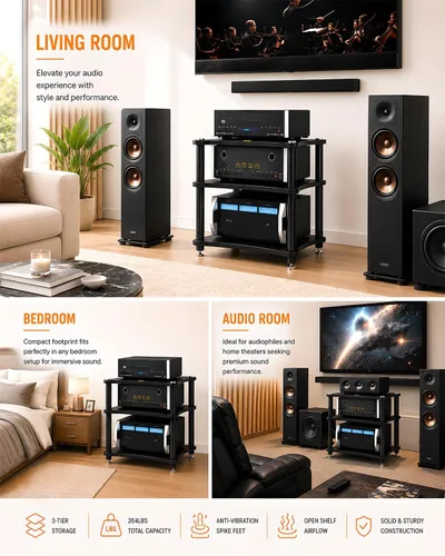 Miniatura 3 de Estante de componentes de audio resistente, soporte de medios AV de gran espacio de almacenamiento con clavijas de pie que absorben los golpes