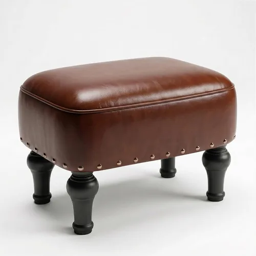 Miniatura 9 de Cmishe Reposapiés otomano de cuero, reposapiés vintage, asiento tapizado de espuma gruesa, reposapiés de madera, banco para zapatos debajo del Negro