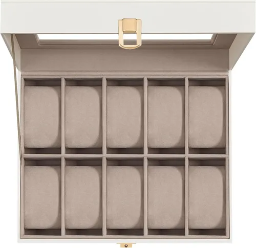 Miniatura 7 de SONGMICS Caja de reloj, regalos de Navidad, caja de reloj de 10 ranuras con tapa de vidrio grande, almohadas de reloj extraíbles, organizador
