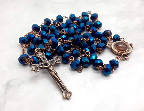 Miniatura 5 de Nazareth Store Collar de rosario de cuentas de cristal azul profundo, oración católica Jerusalén, medalla del suelo sagrado, cruz Tierra Santa