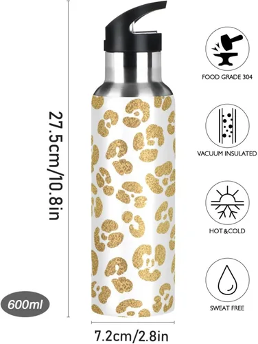 Miniatura 9 de Gold Leopard Spots White Insulated Water Bottle 32 Oz Leakproof Water Bottles, BPA-Free Sports Water Bottle with Straw