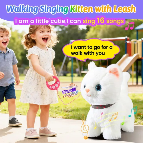 Miniatura 3 de Juego de gato que camina con correa blanca cantando que ronronea y maulla, robot de peluche animado, gatito, mascota en movimiento, realista, animal