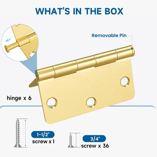 Miniatura 3 de HOSOM Paquete de 6 bisagras de puerta de latón cepillado de 3.5 pulgadas con esquinas de radio de 1/4 pulgadas, bisagras redondeadas de latón
