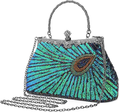 UBORSE Bolsos de embrague de noche de pavo real con lentejuelas con cuentas Bolso de noche vintage Bolso de boda de fiesta de 1920