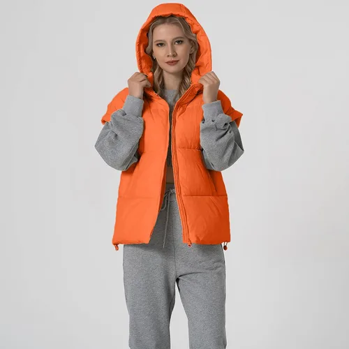 Miniatura 9 de Shiyifa Chaleco acolchado para mujer, chaqueta de gran tamaño, sin mangas, ligera, con cremallera, con capucha desmontable