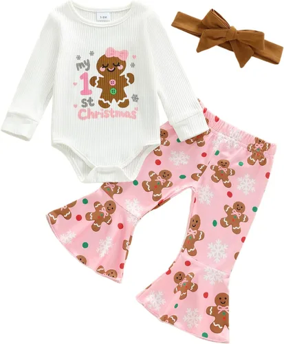 Miniatura 30 de Kuriozud Conjunto de mameluco con volantes para bebé recién nacida, con volantes, lindo conjunto de pantalones acampanados con diadema