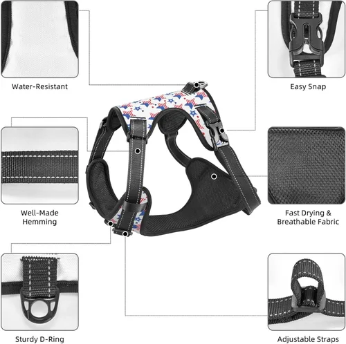 Miniatura 2 de 250th Patriotic Stars Flag Reflective Dog Harness No Pull Soft Vest Harness for Small Medium Large Dog Puppy Pets (Small Size)