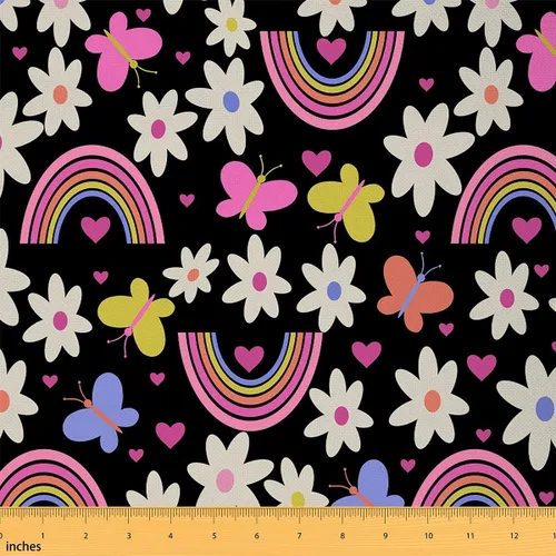 The Yard - Tela de arcoíris para niñas, diseño rústico de margaritas para sillas, sofá, costura, tela impermeable con mariposas en acuarela para