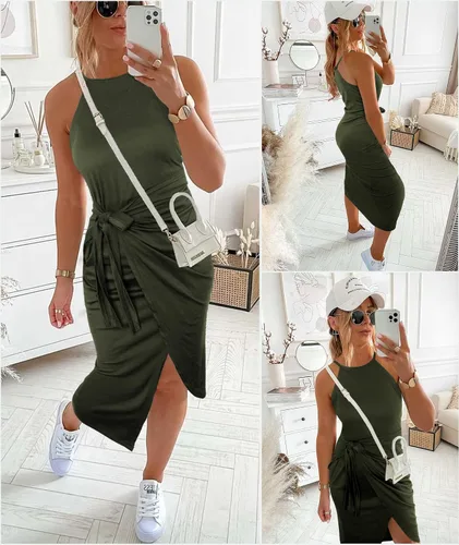 Miniatura 5 de NOLLSOM Vestido casual sin mangas a rayas para mujer, vestido por debajo de la rodilla de verano con cuello halter, fruncido, entallado, con lazo