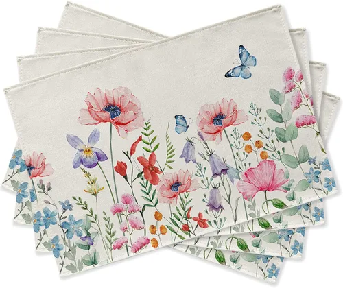 Seliem Juego de 4 manteles individuales de flores de anémona de primavera, acuarela, rosa, floral, mariposa, comedor, decoración del hogar, cocina,