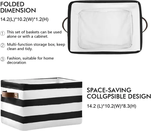 Miniatura 3 de Bolaz Cesta de almacenamiento plegable grande, color negro y blanco, a rayas, bolsa organizadora plegable con asas, 15 x 11 x 9.5 pulgadas