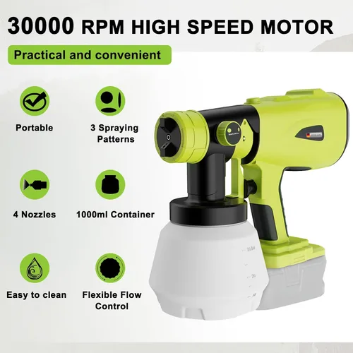 Miniatura 2 de Pulverizador de pintura inalámbrico para batería Ryobi de 18 V, HVLP de mano con contenedor de 33.8 fl oz, pulverizador de pintura eléctrico
