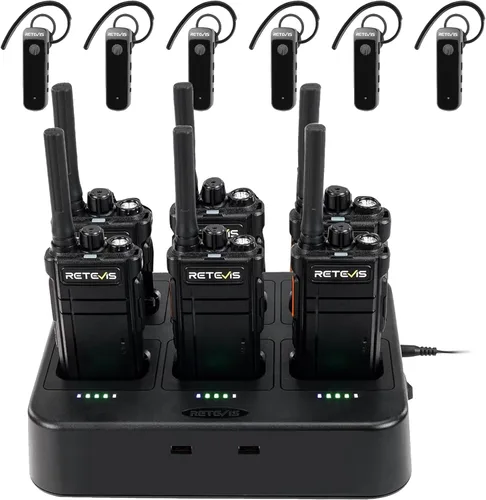 Retevis RB37 Walkie Talkies Bluetooth con cargador de 6 vías, radio inalámbrica de dos vías con auricular, linterna, 2000 mAh para 21 horas, tipo C,