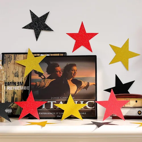 Miniatura 7 de Gejoy 80 piezas de recorte de estrellas con purpurina, decoración de estrellas doradas, estrella de papel doble impresa para noche de cine