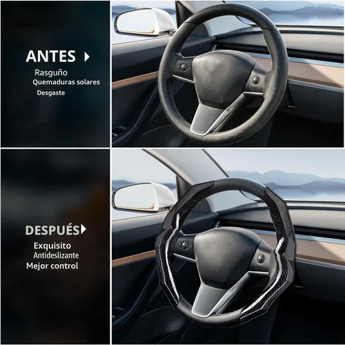 Miniatura 8 de Funda de volante de fibra de carbono con forro antideslizante y diseño segmentado, 2 unidades, protector universal para volante para hombres