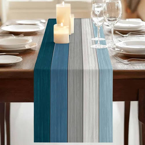 Miniatura 4 de Ocean Hues Farmhouse - Camino de mesa de lino y algodón, estilo retro, con textura de madera de granero rústica, degradado, azul, gris, Azul