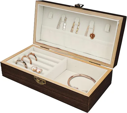 Miniatura 6 de Caja de joyería de madera hecha a mano - Organizador de viaje elegante para mujeres y hombres, ideas únicas de regalo para anillos, aretes, collares