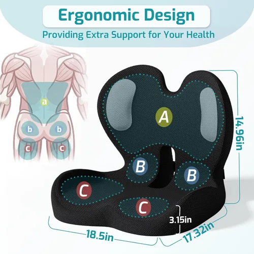 Miniatura 8 de Cojín de asiento, cojín para silla de oficina con almohada de apoyo lumbar, diseño ergonómico para sentarse prolongadamente, ciática, alivio
