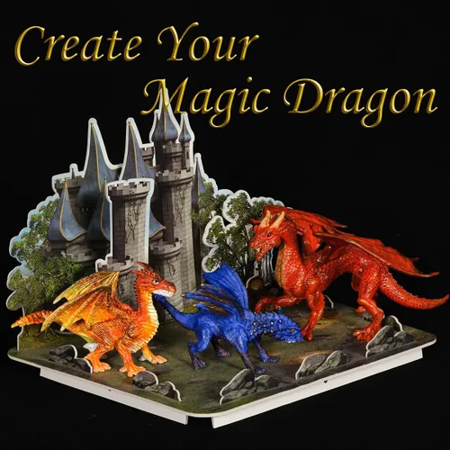 Miniatura 5 de Juego de manualidades para niños, kit de pintura de juguetes de dragón con 3 figuras de dragones y castillo de rompecabezas 3D, el mejor regalo