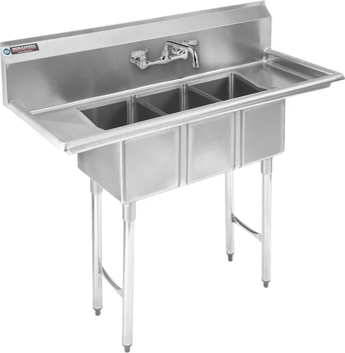 DuraSteel Fregadero de cocina de acero inoxidable – Triple cuenco de 10" x 14" x 10" pulgadas con grifo sin plomo – Fregadero comercial de 3