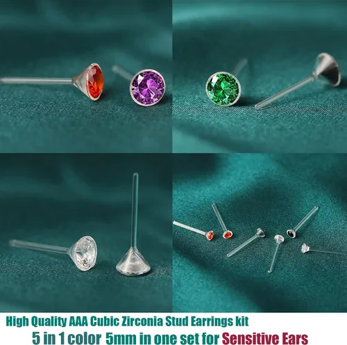 Miniatura 8 de Aretes de plástico antialérgicos para orejas sensibles, respaldos de silicona suave, kit de aretes de tuerca de circonita cúbica, 2mm, 3mm, 4mm, 5mm