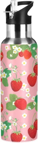 Insulated Water Bottle 20 Oz, BPA-Free Sport Water Bottle for Gym Outdoor Travel School, Cute Red Strawberries Pink