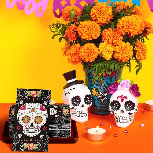 Miniatura 6 de Karenhi 200 servilletas para invitados del Día de los Muertos, 2 capas, diseño de calavera de azúcar, desechables, toallas de mano para baño