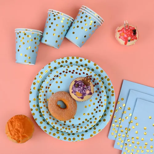 Miniatura 3 de Juego de 201 piezas de suministros azules para fiesta, vajilla de papel desechable que sirve 25 platos de papel azul con puntos dorados