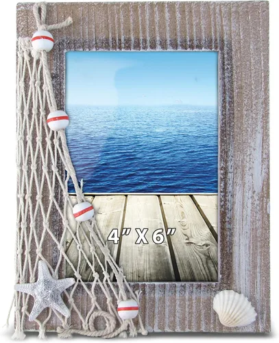 CoTa Global - Marco de fotos de playa marrón de 4 x 6 pulgadas, marco de madera envejecida blanqueada con decoración de playa, marco de fotos hecho