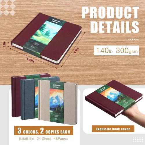 Miniatura 2 de Mooliwe 6 cuadernos de bocetos de acuarela, diario pequeño de papel de acuarela a granel para pintar 300 GSM, 140 libras, algodón prensado en frío