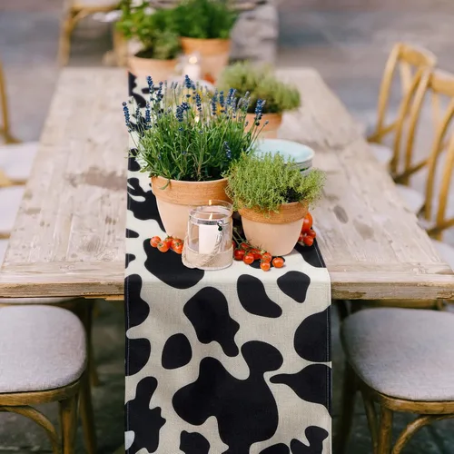 Miniatura 4 de Kingdder 2 piezas de camino de mesa de lino con estampado de vaca, mantel de cuero de vaca blanco y negro para fiestas, cocina, granero occidental