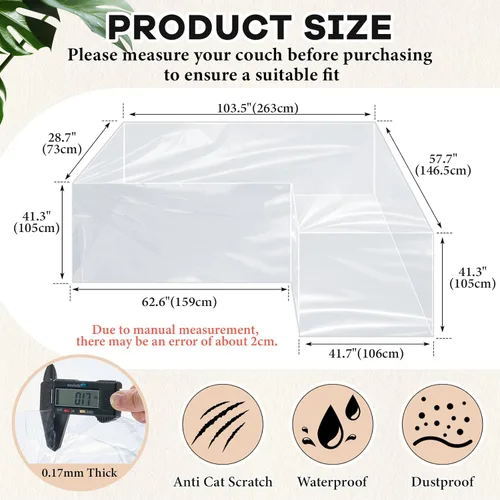 Miniatura 2 de Fanfanwin Funda transparente para sofá en forma de L de 106" x 59" x 42" Funda gruesa y resistente impermeable de vinilo para sofá seccional
